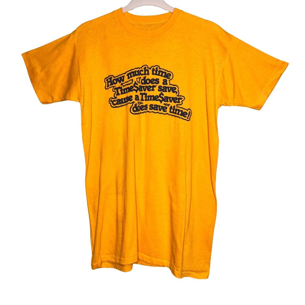 Vintage 80s Timesavers Jingle Slogan Mens Medium T Shirt Yellow Single Stitch